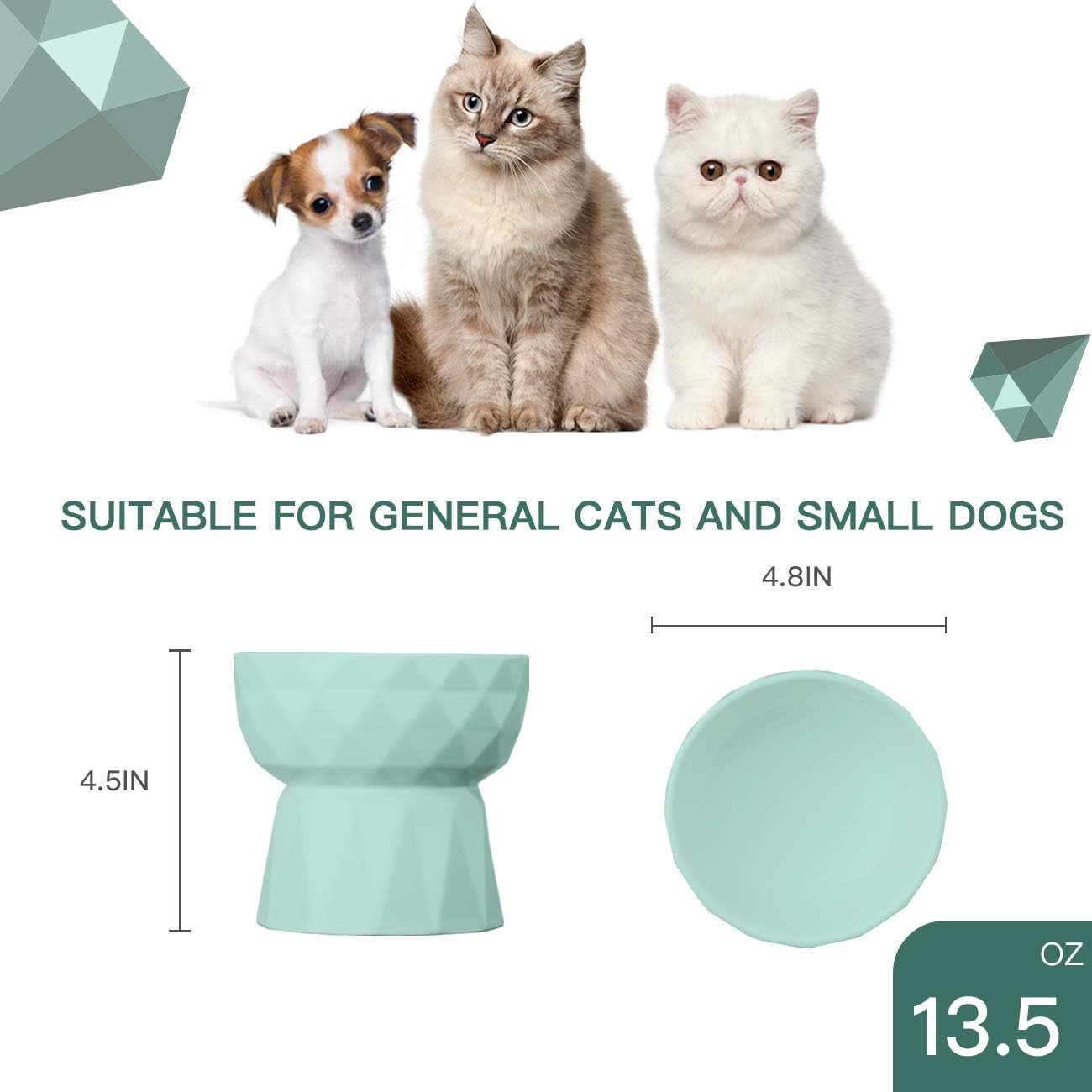 Ceramic Cat Bowls Anti-Vomiting - Raised Food and Water Bowl Set for Cats and Small Dogs, 13.5 Oz, Green