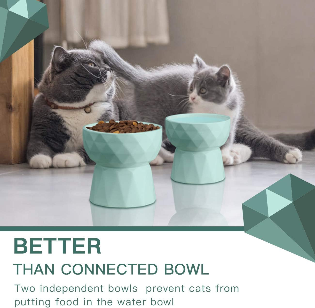 Ceramic Cat Bowls Anti-Vomiting - Raised Food and Water Bowl Set for Cats and Small Dogs, 13.5 Oz, Green
