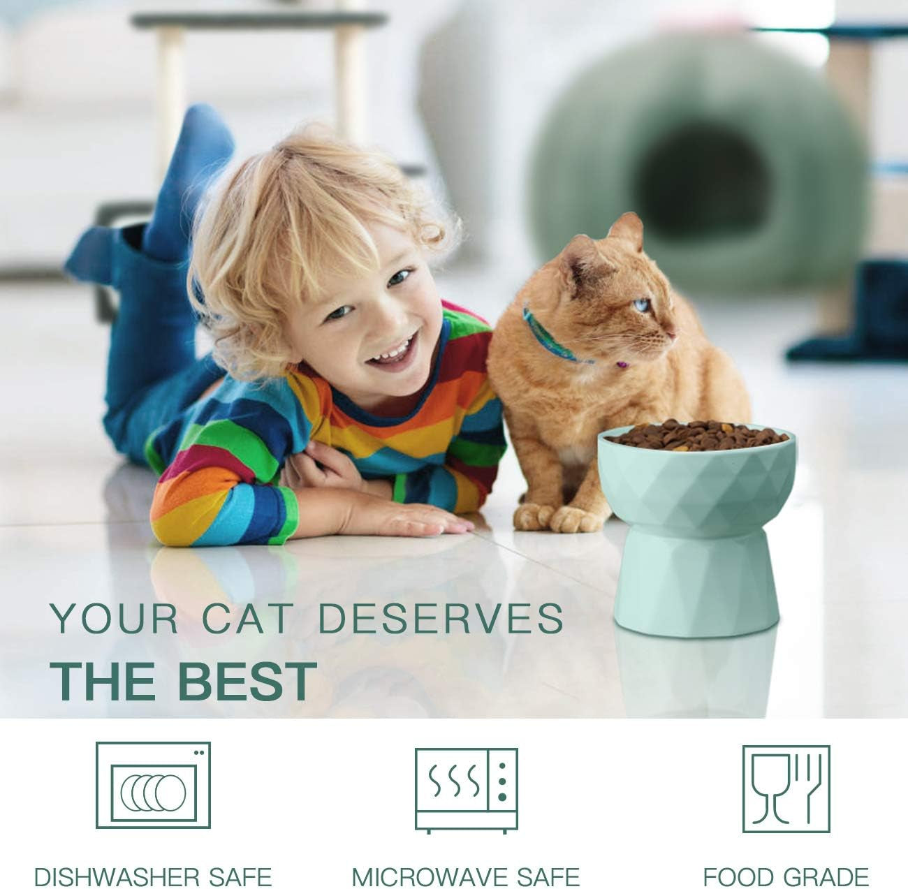 Ceramic Cat Bowls Anti-Vomiting - Raised Food and Water Bowl Set for Cats and Small Dogs, 13.5 Oz, Green